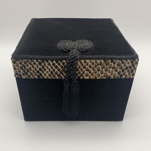 Fabric Covered Black Jewelry Sewing Trinket Storage Box Padded Lid Tassels Lined